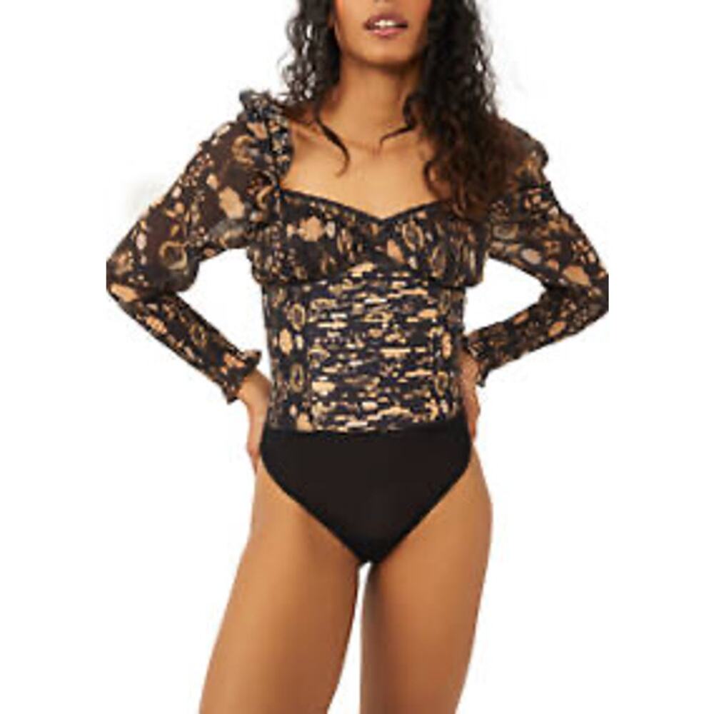 NEW Free People Brunch Date Black Floral Ruched Bodysuit SIZE SMALL Low Back